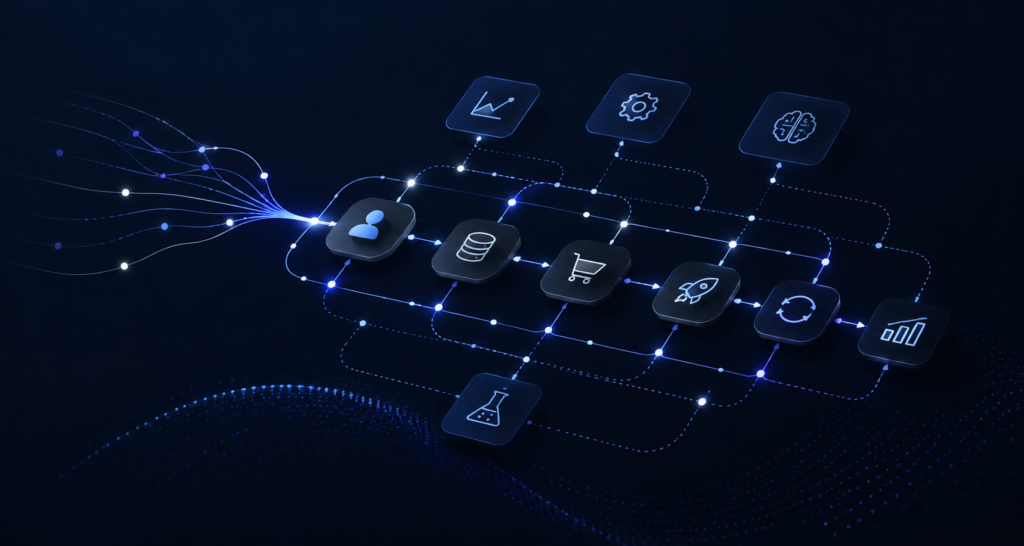 Connected growth infrastructure showing customer data, automation, analytics and AI systems
