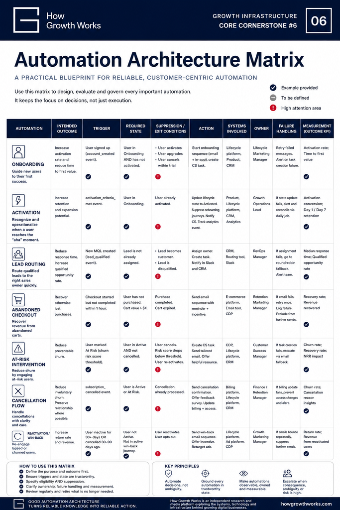 Marketing automation architecture matrix showing triggers, customer state, suppression, ownership, failure handling and measurement